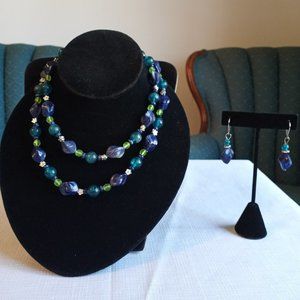 Necklace and Earring Set Navy Teal Lime Silver Tone Beaded EUC-Item #193
